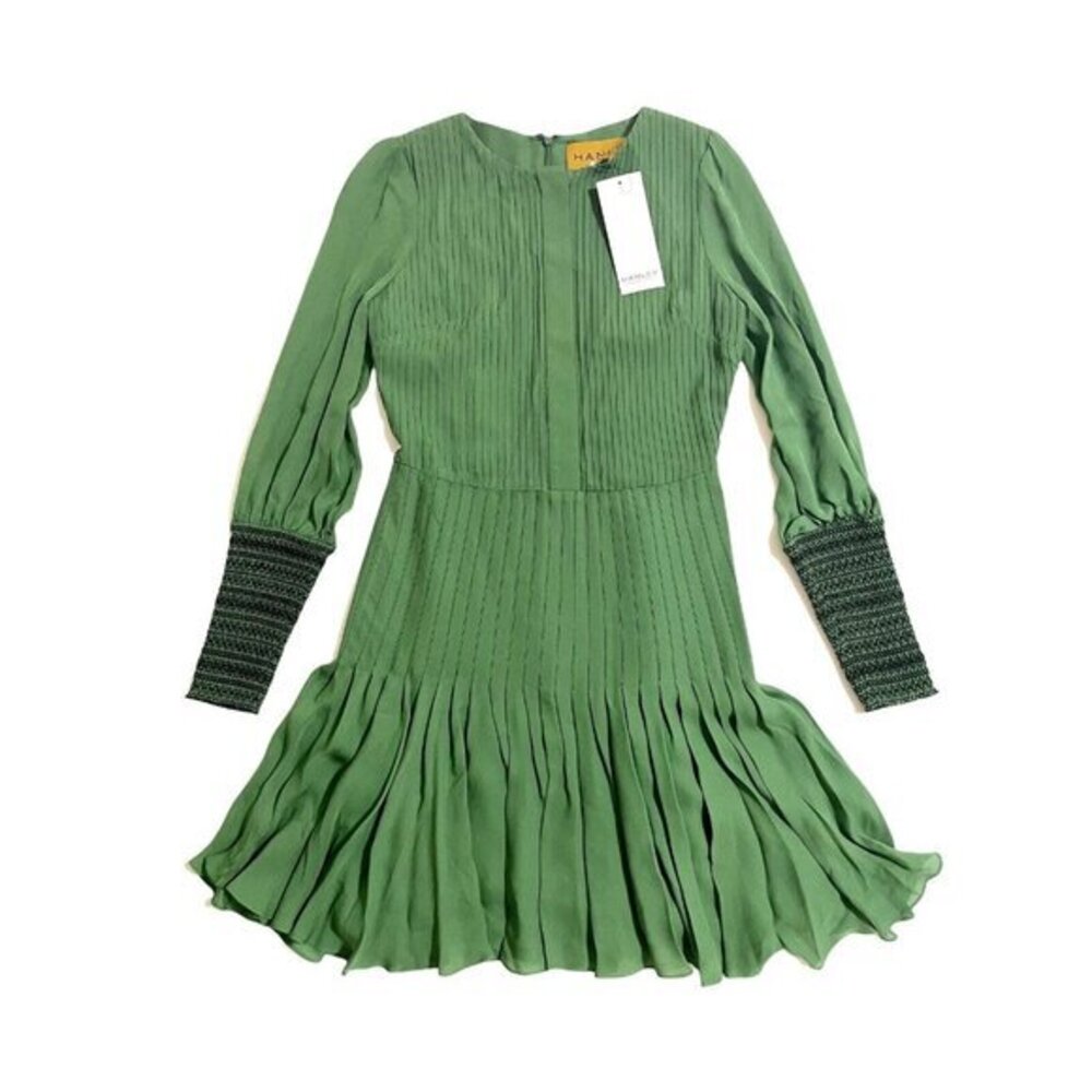Hanley Mellon Green Silk Pleated Mini Dress Long Sleeve Dress SZ 4 NWT